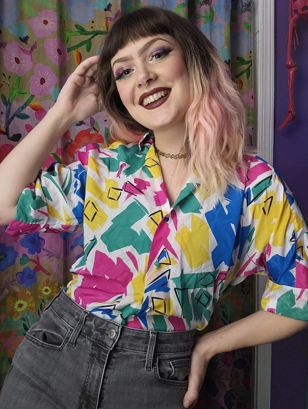 80's Vintage Neon Abstract Shape Button Up Shirt